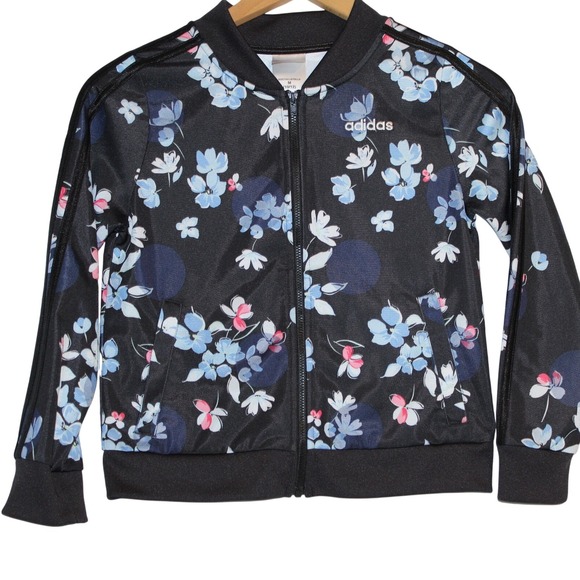Adidas Girls Floral Print Track Jacket Full Zip Black Blue Pink - Picture 1 of 4